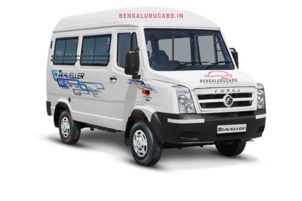 Tempo Traveller & Minibus Rentals in Bangalore A well-maintained Tempo Traveller and a spacious mini bus parked side-by-side, showcasing their suitability for group travel in Bangalore, highlighting features like air conditioning, flexible seating arrangements, ample luggage space, and entertainment systems.
